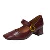 Vintage Mary Jane Shoes Women's Light Mouth Thick Heel Square Head High Heels One Word with Single Shoes
