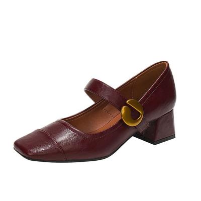 Vintage Mary Jane Schuhe Damen leichter Mund dicker Absatz quadratischer Kopf High Heels ein Wort mit einzelnen Schuhen