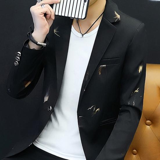 Mode Herr Tryckt Långärmad Slag Enknäppt Smal Blazer Kostym Jacka Rock