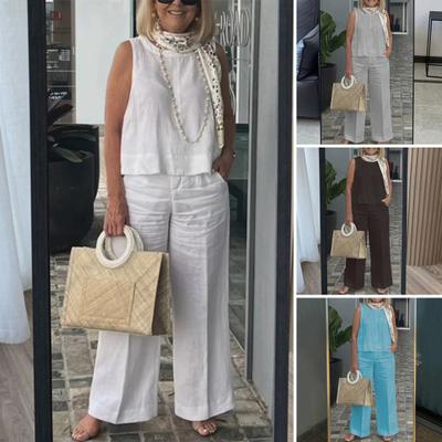 2 Pcs/Set Women Vest Pants Set Round Neck Sleeveless Loose Solid Color Top Wide Leg Pants Casual Homewear Two-piece Sports Top Trousers Set
