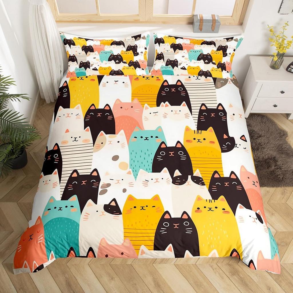 Girls Kawaii Cat Bedding Set Full Queen, Cute Kitten Comforter Cover Cartoon Duvet Cover Colorful Flowers Plant Bedspread Cover