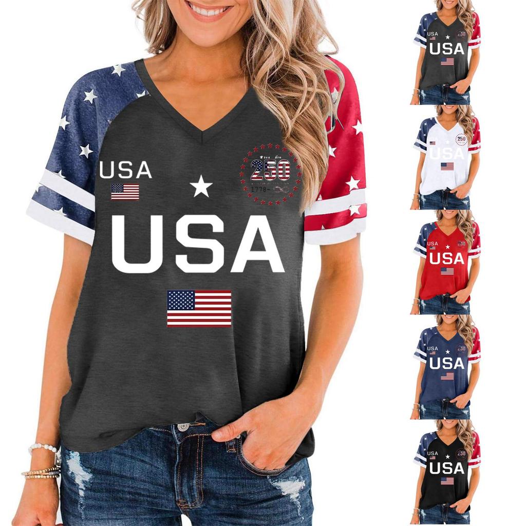 Damen Lässiger V-Ausschnitt Kurzarm Pullover Oberteil USA-Flagge Grafikdruck Leichter Weicher Stoff Lockere Passform T-Shirt
