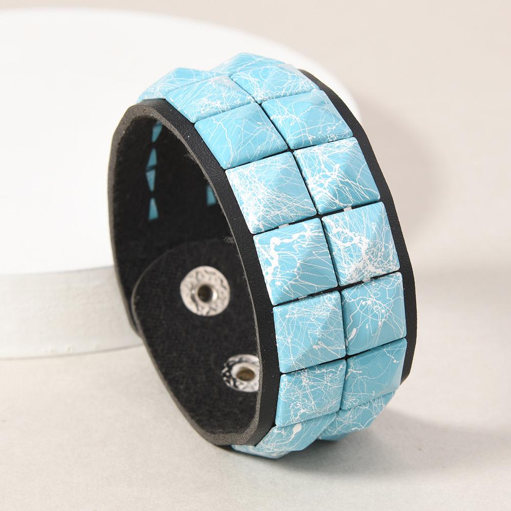 Hip Hop Rock Wide Wrap Bangle Hand Rainbow Color Block Spiked Bracelet for Men Women Punk Rivet Leather Cuff Bracelets