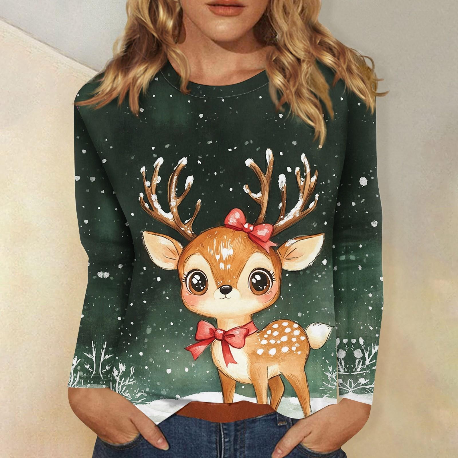 

Рубашки с длинным рукавом для женщин Милые принты Футболки Блузки Повседневные Большие размеры Базовые топы Пуловеры Рождественские M