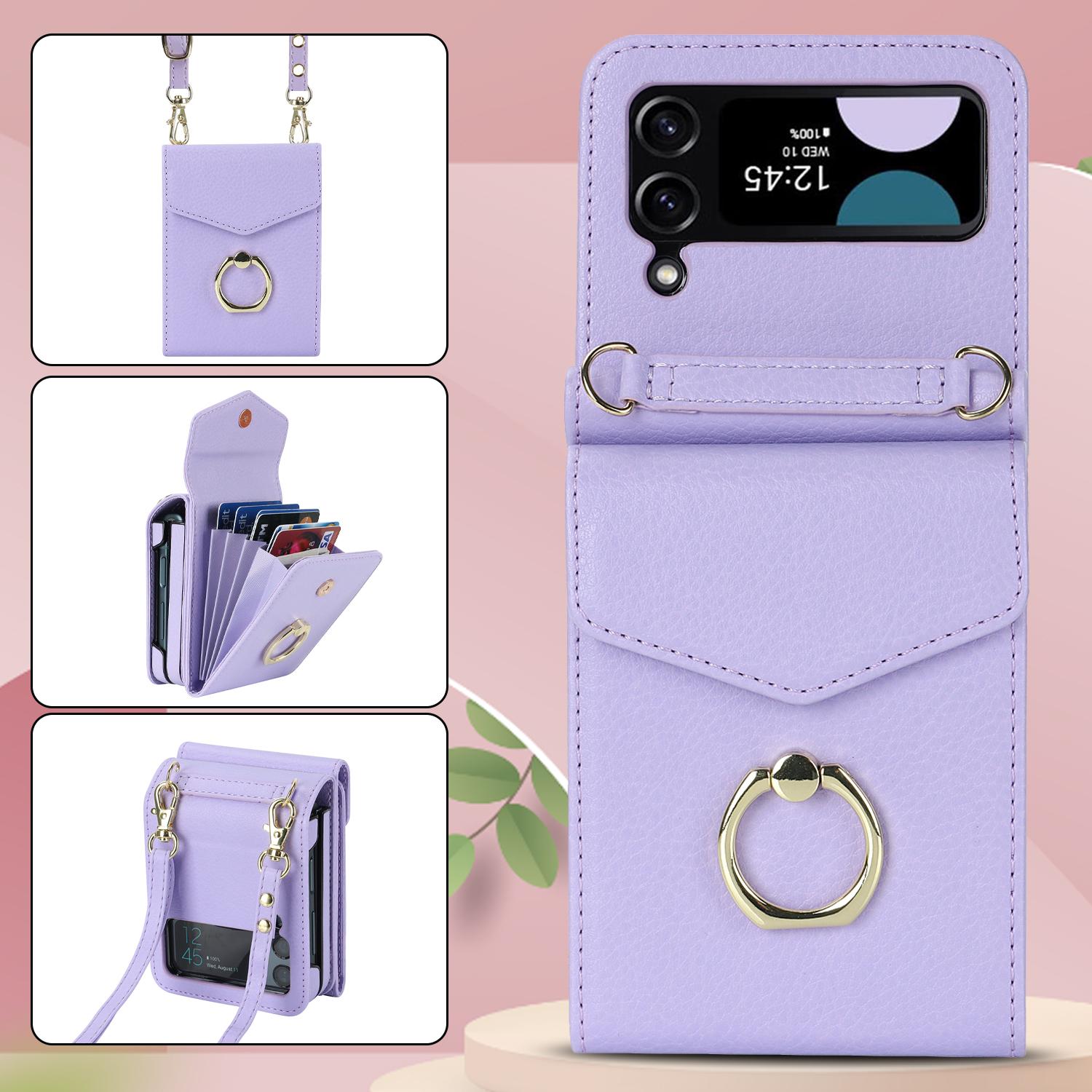 

Кожаный чехол-кошелек через плечо для карт для Samsung Galaxy Z Flip 4 3 5G, длинный кошелек на ремешке Flip3 Flip4, RFID-кольцо-держатель, чехол