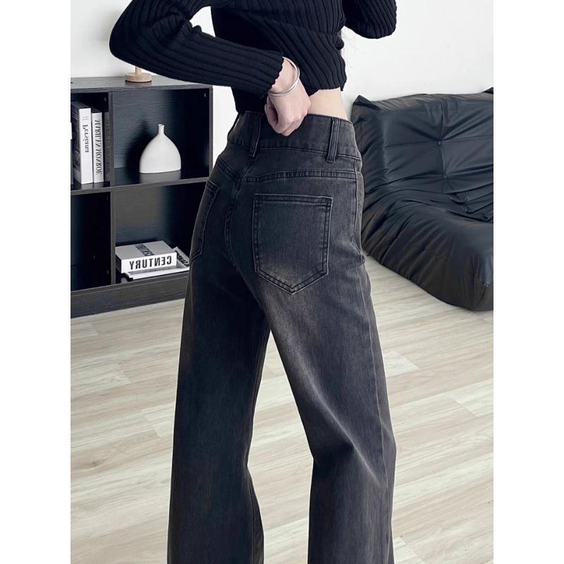 Women's High-Waisted Micro-Flare Plus Size Jeans - Autumn Style for Chubby Girls with Slimming Loose Wide-Leg Bell Bottoms in Black and Gray.