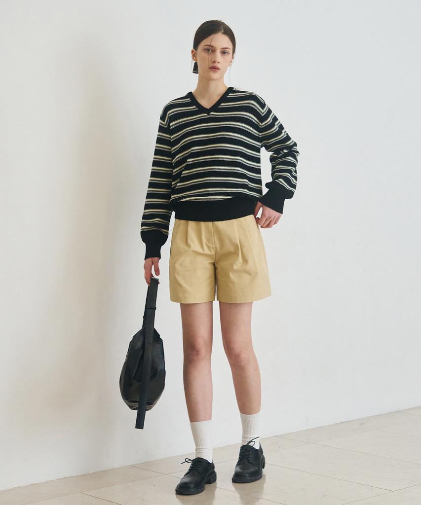 Deuloupisumeon Ripple Stripe Cotton V-Neck Knit [Black]