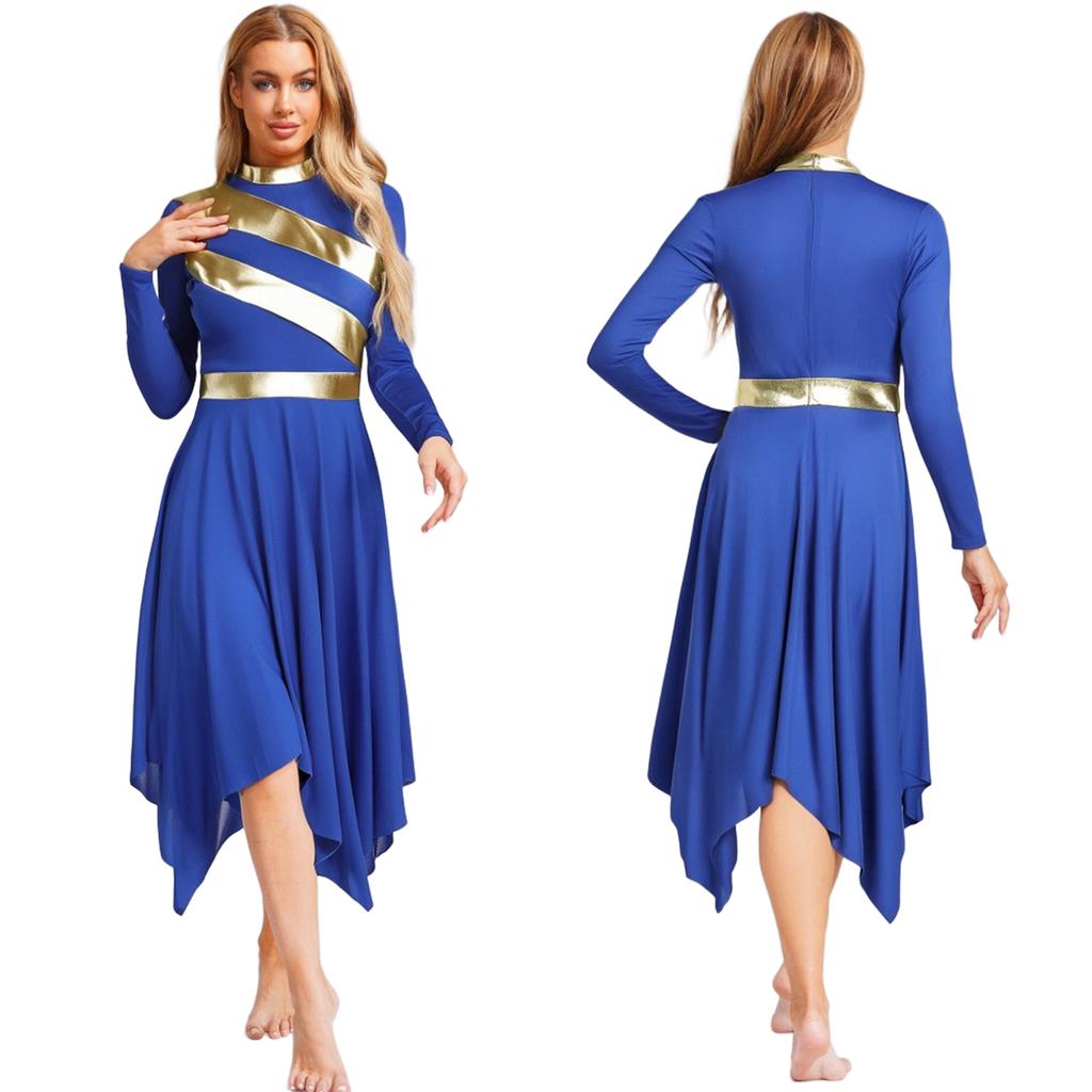 Metallic Patchwork Dress for Women Long Sleeve Worship Praise Tunic Irregular Hem Dance Costume