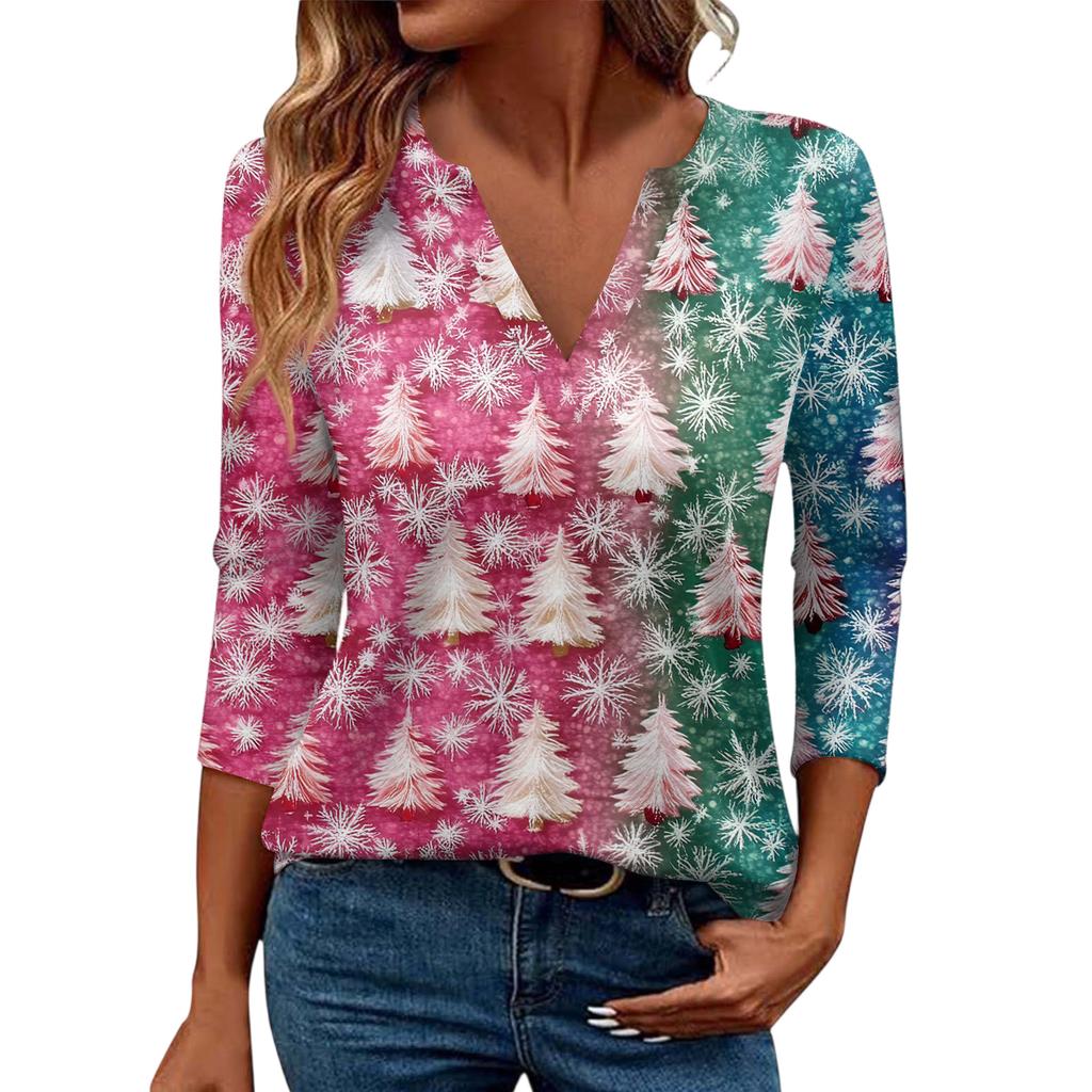 Women's Casual Fashionable Sexy Comfortable V-Neck Christmas Three-Quarter Sleeve Top