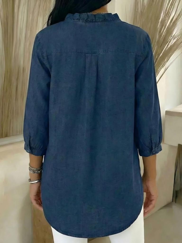 2026 Spring Women's Casual Faux Denim Ruffle V-neck Shirt