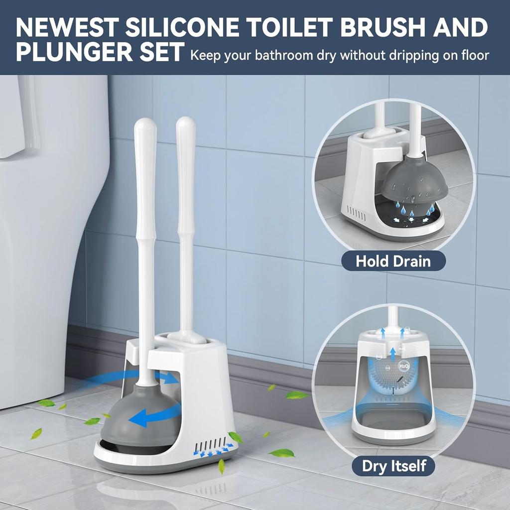 Unique Toilet Plunger and Brush, Silicone Brush and Heavy Duty Toilet Plunger Set with Ventilated Holder, 2-in-1 Toilet Brush and Plunger Combo for