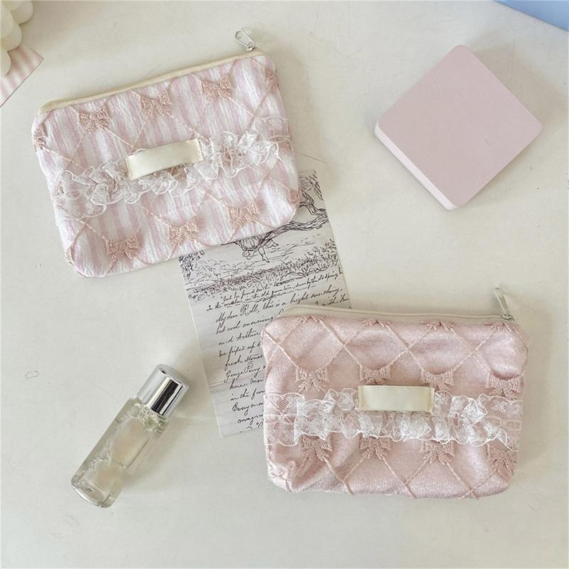 Elegant Floral Lace Trimmed Wallet Small Storage Bag Polyester Stylish Lightweight Carryall For Coin Accessories