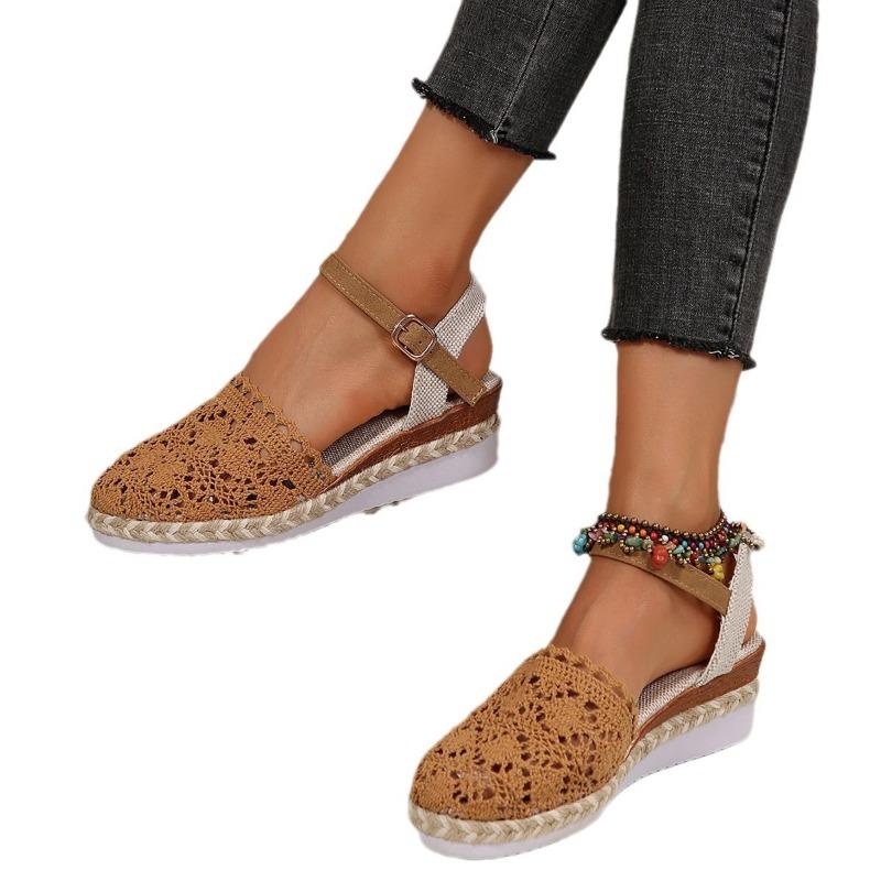 Large size wedge heel women's sandals summer new bag head woven hollow one-word buckle women's sandals