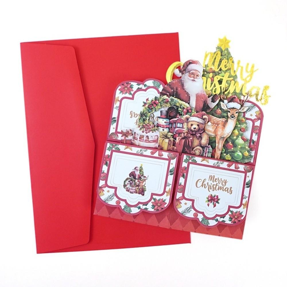 Cartoon Pattern 3D Pop Up Card 4-Layer Holiday Postcard Vintage Christmas Greeting Card Office