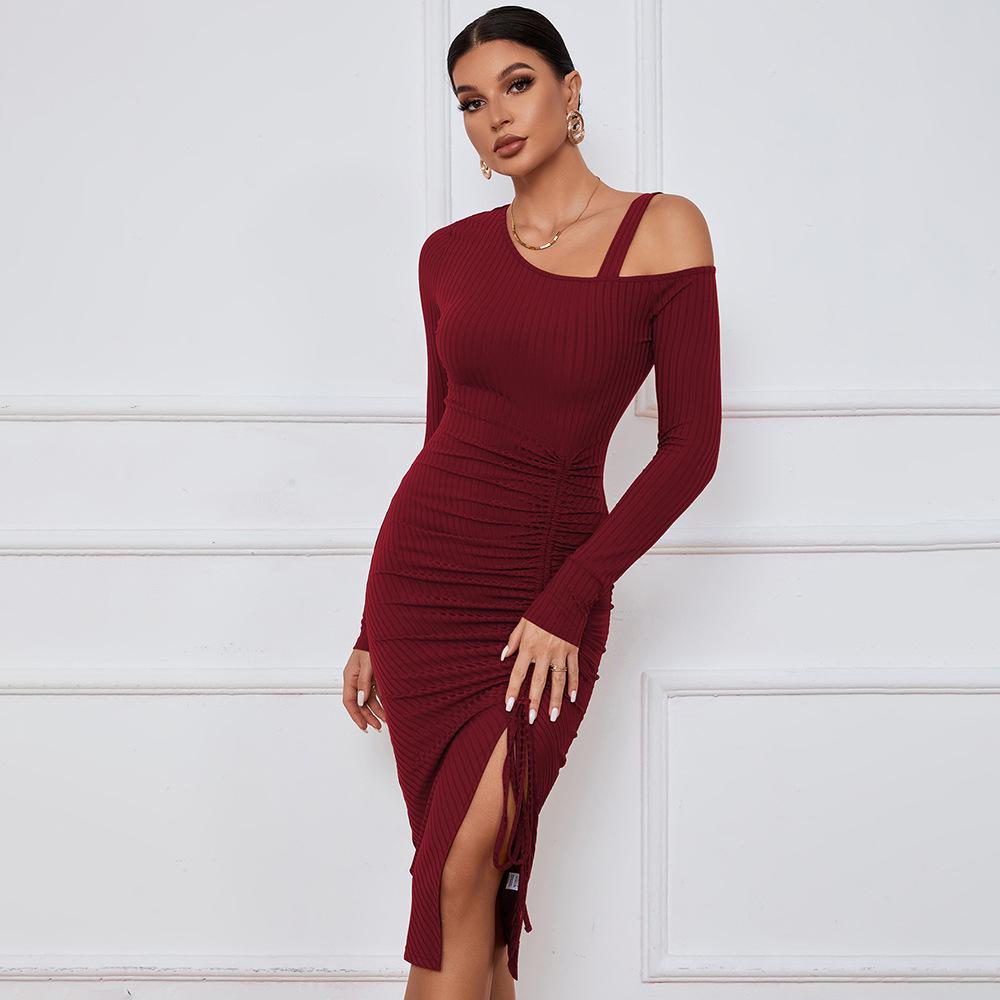 2024 Women's Off-Shoulder Slit Bodycon Dress - Long Sleeve, Sexy Autumn/Winter Style