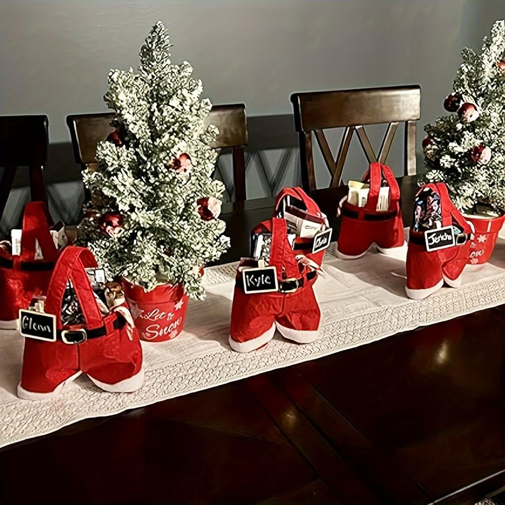 6pcs Santa Pants Style Candy Bags, Christmas Reindeer No Sew Polyester Gift Pouches, Festive Holiday Decor, Red, for New Year Christmas Gift Wrapping