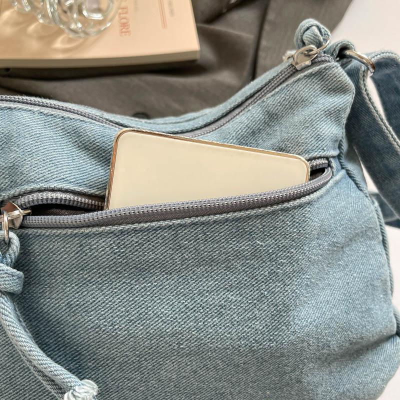 Borsa a Tracolla in Denim da Donna con Ricamo di Gattino Cartone Animato e Multi-scomparti