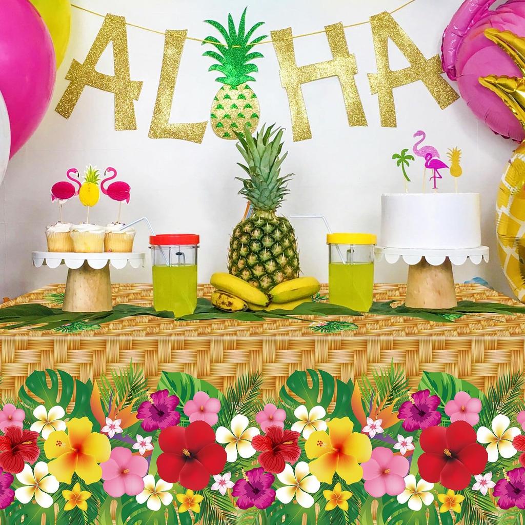 4 Pcs Hawaiian Luau Tablecloths Hawaiian Luau Table Cover Tropical Palm Leaves Tablecloth 86 x 51 in Palm Leaves Table Cloth Baby Birthday Party