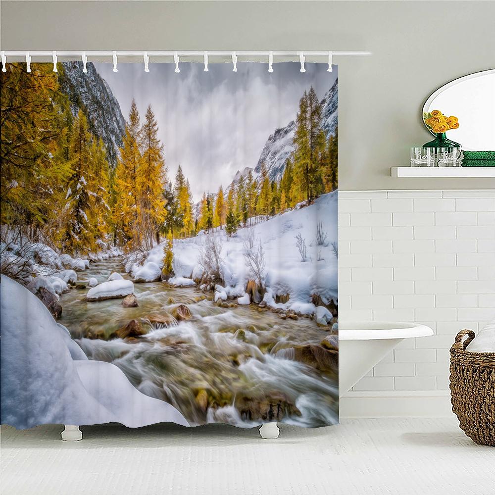 Winter Zedernbäume Naturlandschaft Duschvorhänge Badezimmervorhang Stoff Wasserdichtes Polyester Badezimmervorhänge mit Haken