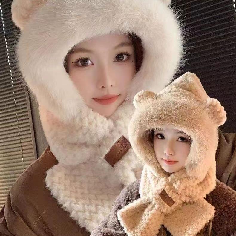 Winter Women's Warm Ear Protection Plush Hat New Plush Thickened Neck Protection Cute Knitted Wool Hat Scarf Integrated