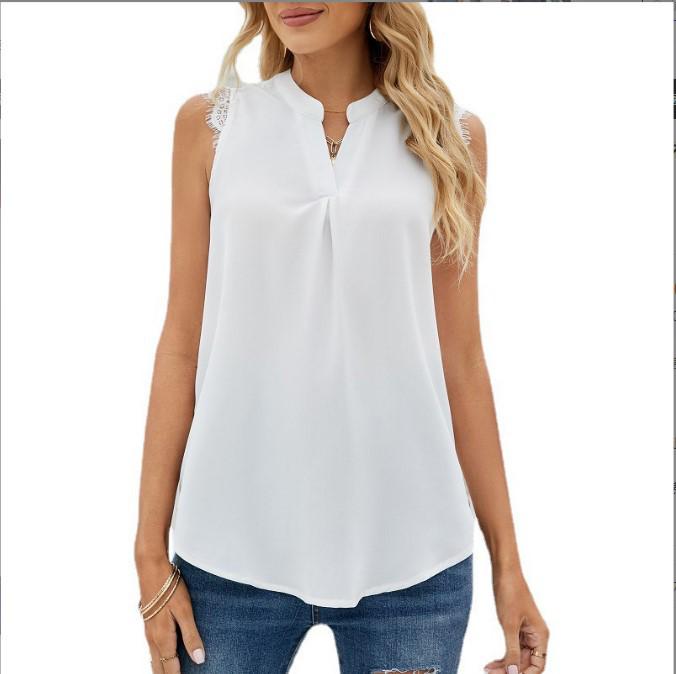 European & American Women's Fashion: Spring/Summer Solid Color V-Neck Sleeveless Shirt with Lace Trim