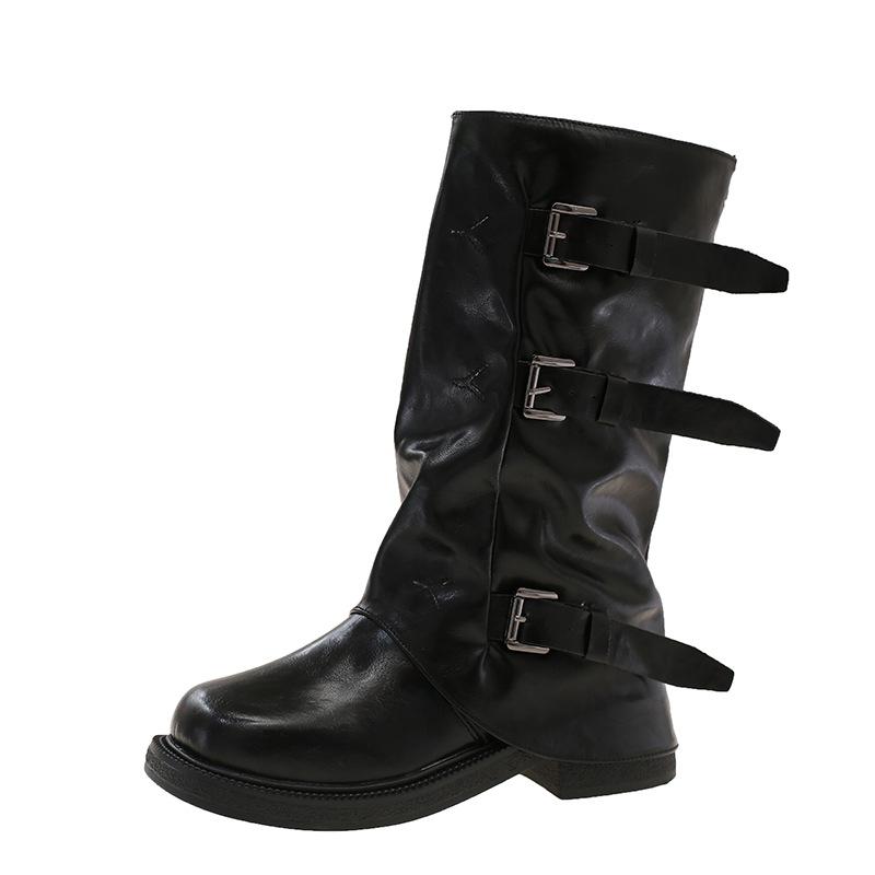 

Internet celebrity belt buckle black pile boots women 2025 autumn and winter new vintage western cowboy boots pants tube martin boots women 35