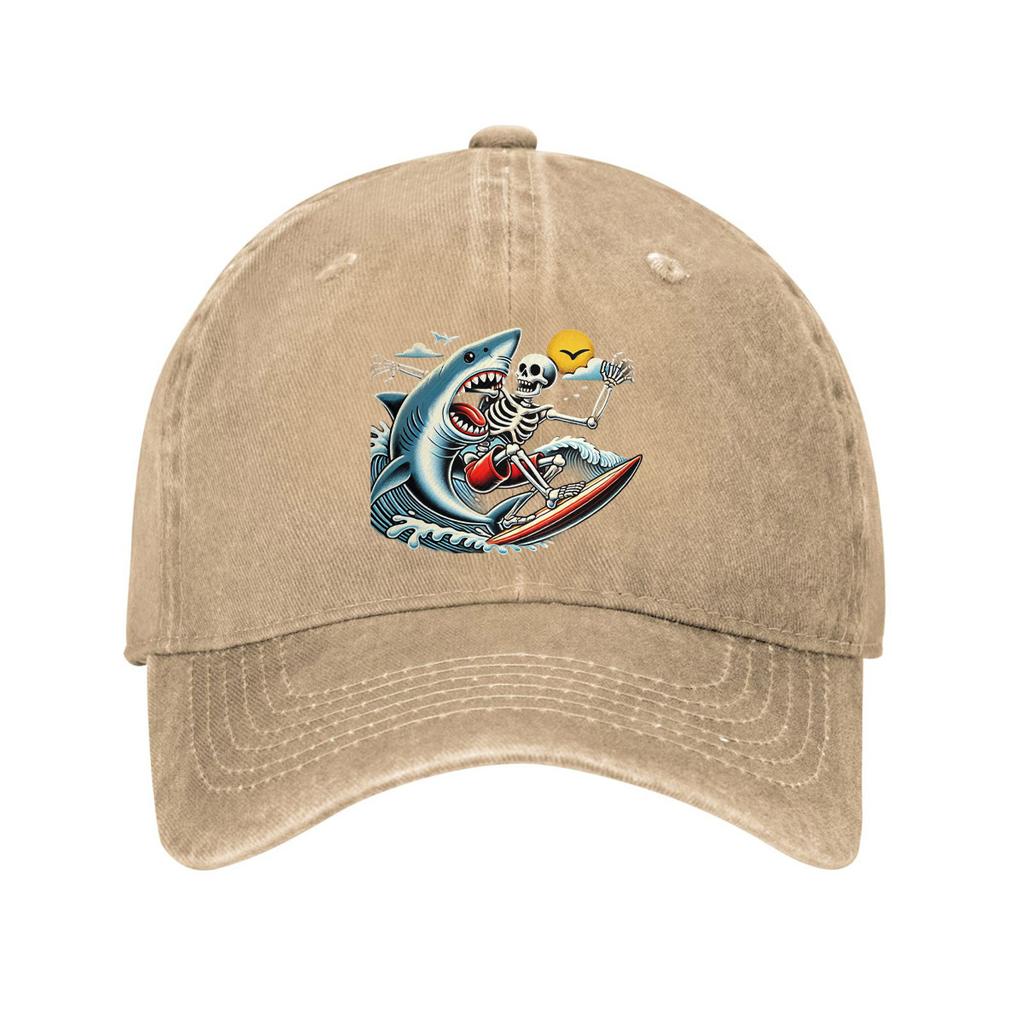 Surfing Skeleton Shark Print Baseball Cap Vintage Washed Cotton Casual Adjustable Dad Hat Outdoor Headwear