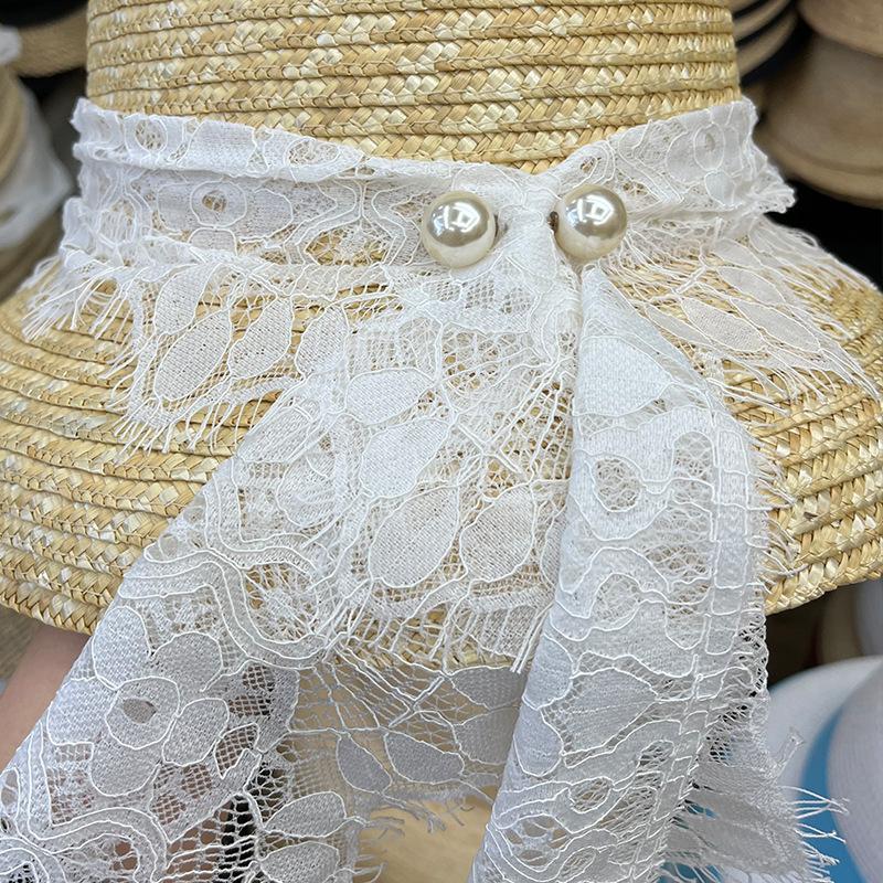 

Vintage straw hat femininity straw lampshade sun hat lace pastoral vacation soft girl sun protection cool hat tide Adult (56-58cm) чорний