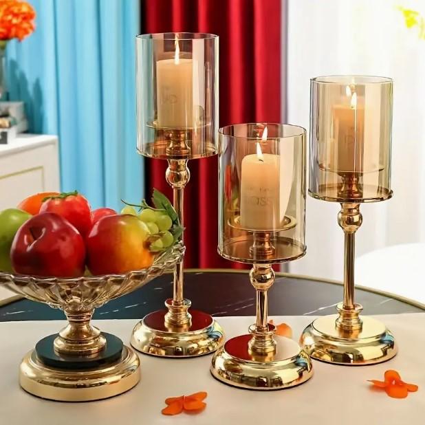 Elegantes Set aus 3 Stück goldener Glas-Kerzenhalter Kerzenhalter goldener