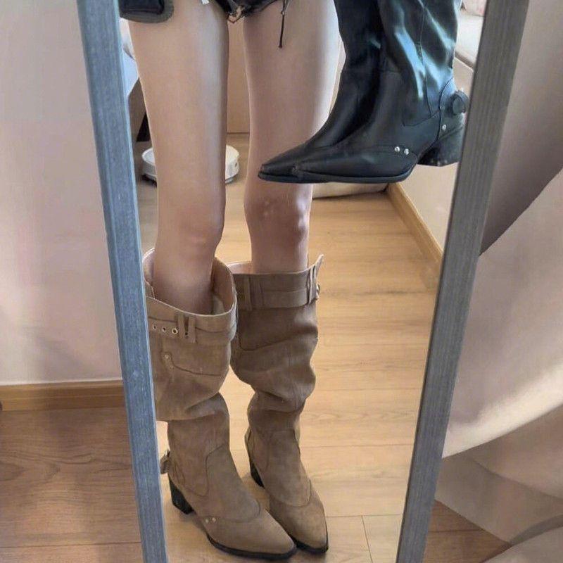 Retro Fashion Pointed Thick Heel Boots Women's 2025 New Autumn Versatile Thin Belt Buckle Stacked Boots