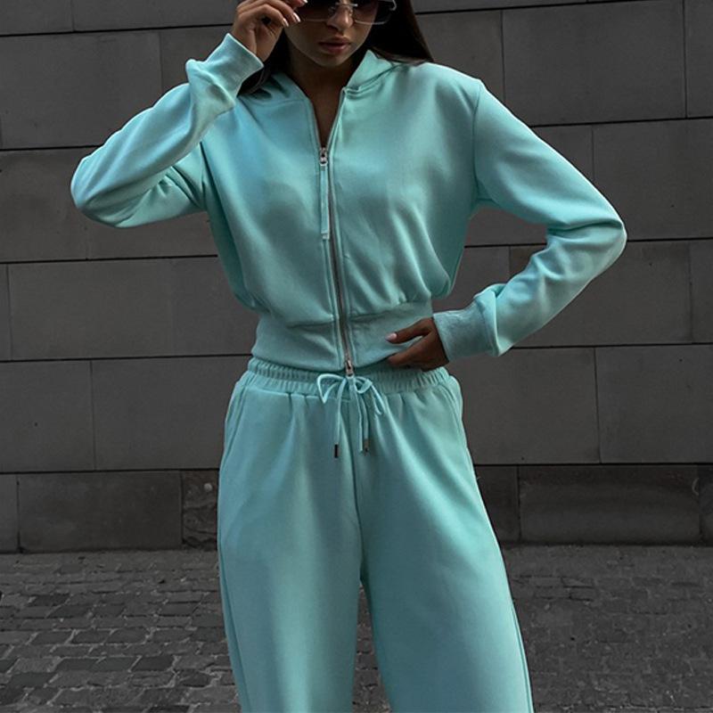 European and American New Fashion Women's Suit Solid Color Long-sleeved Zipper Hoodie Casual Lace-up Sports Trousers
