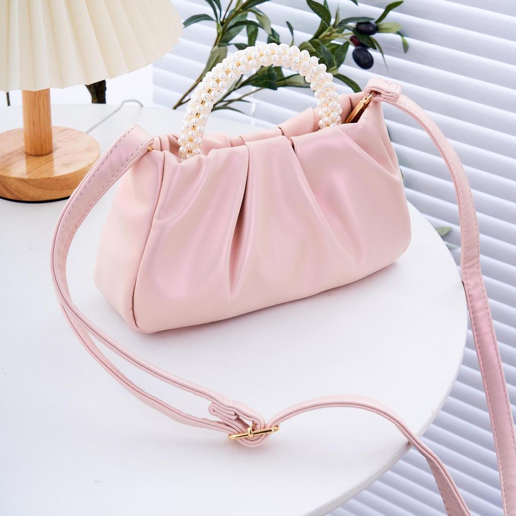 New Fashionable Textured Pearl Pearl Glossy Wrinkled Korean Style Sweet Cute Casual One-shoulder Crossbody Handbag