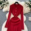 Autumn Winter Women Casual Turn-down Collar Knitted Sweater Long Midi Red Pullover Dresses