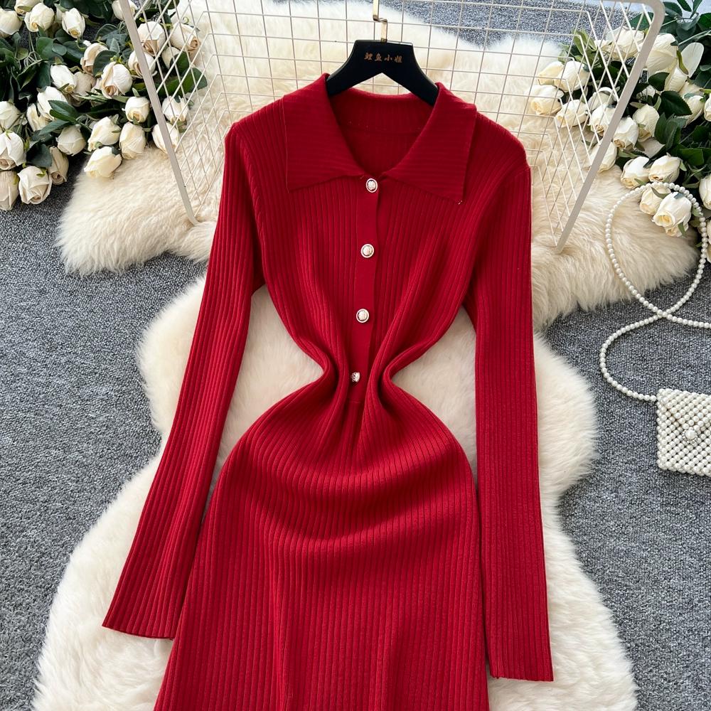 Autumn Winter Women Casual Turn-down Collar Knitted Sweater Long Midi Red Pullover Dresses