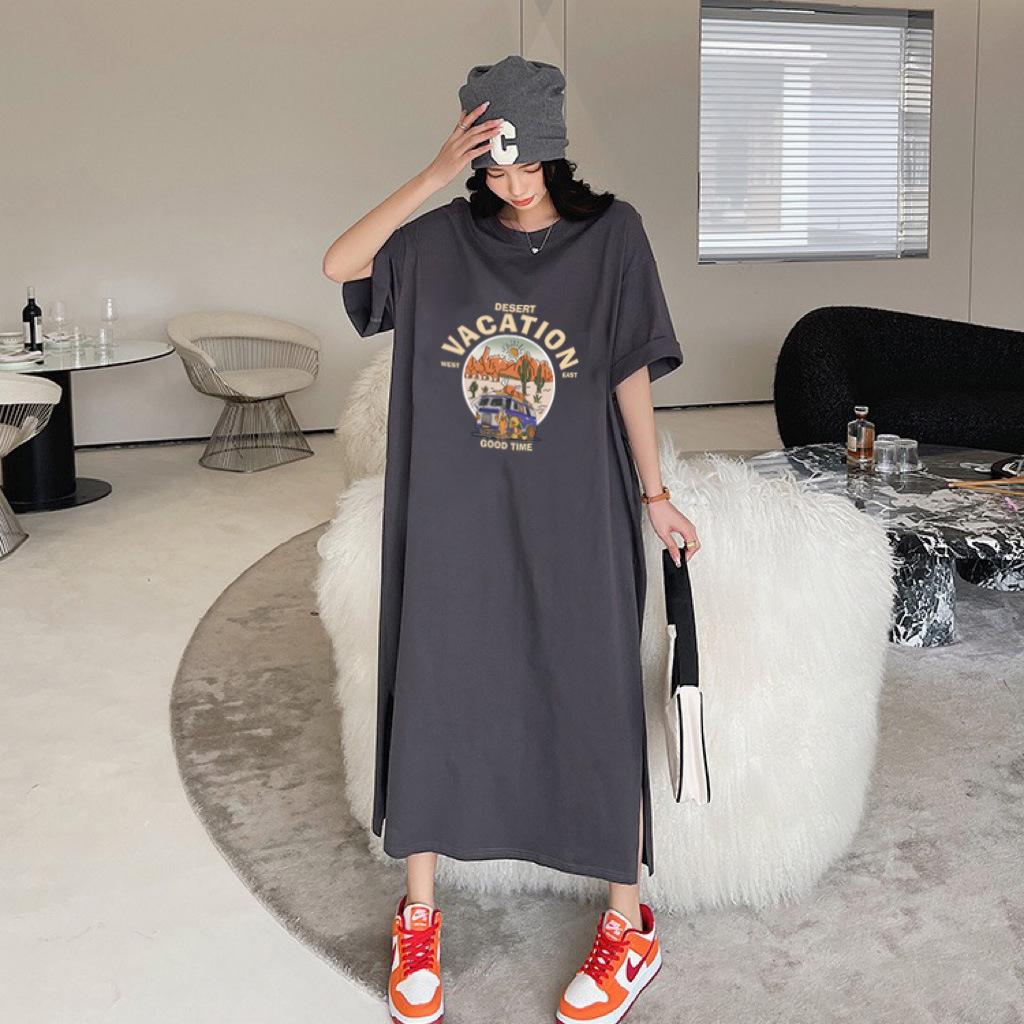 Foreign trade, fat mm large size dress for women's summer loose and thin girls medium and long lazy short-sleeved t-shirt long skirt