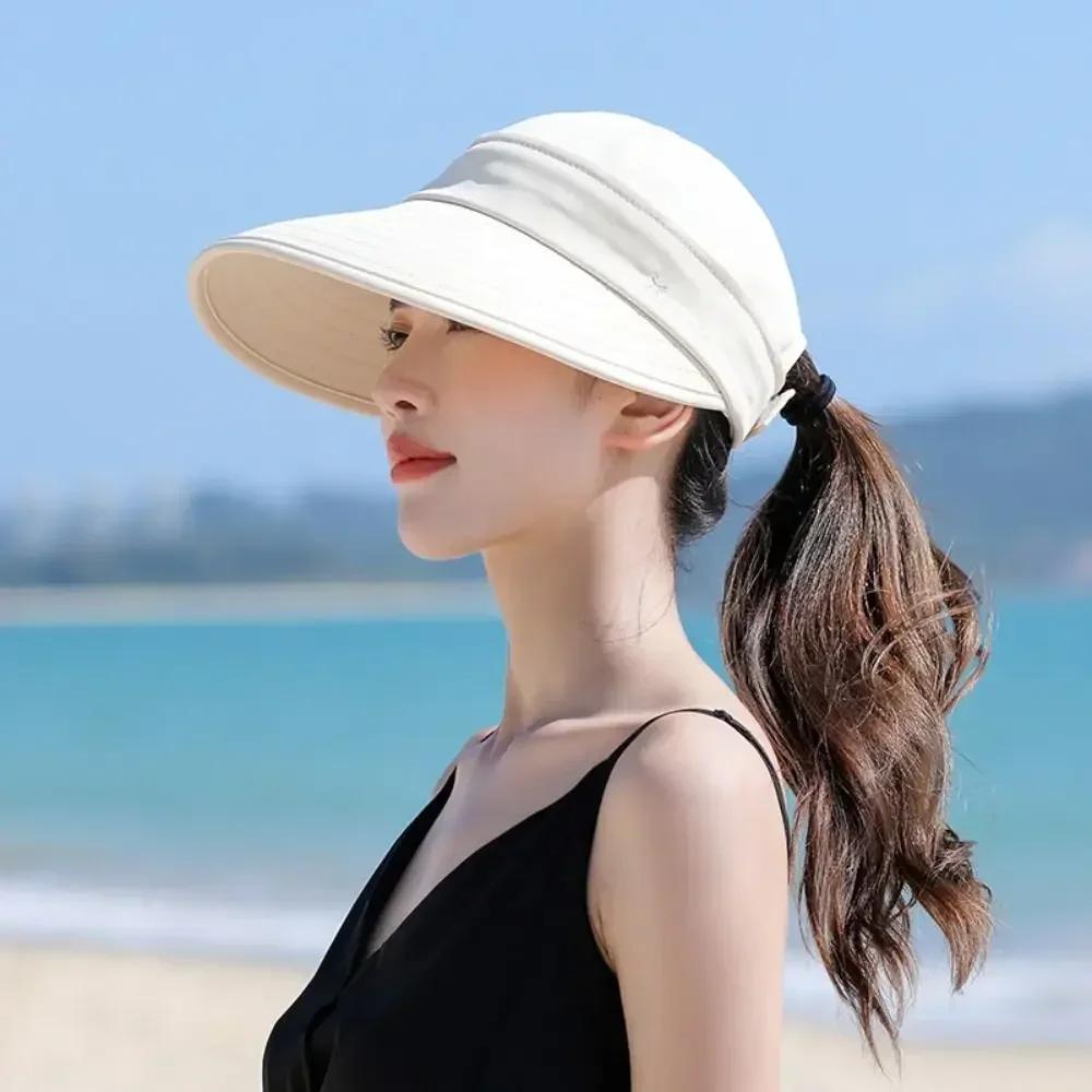 Dual Use Model Women Summer Sun Hat Casual Foldable Wide Brim Detachable Empty Top Ponytail Cap Adjustable UV Protection Sun Hat