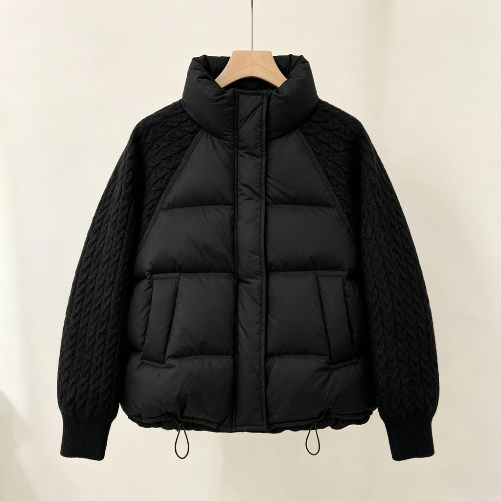 Autumn and Winter New Stand-up Collar Knitted Sleeve Splicing Down Jacket Women's Short Korean Version Versatile White Duck Down Jacket Tide
