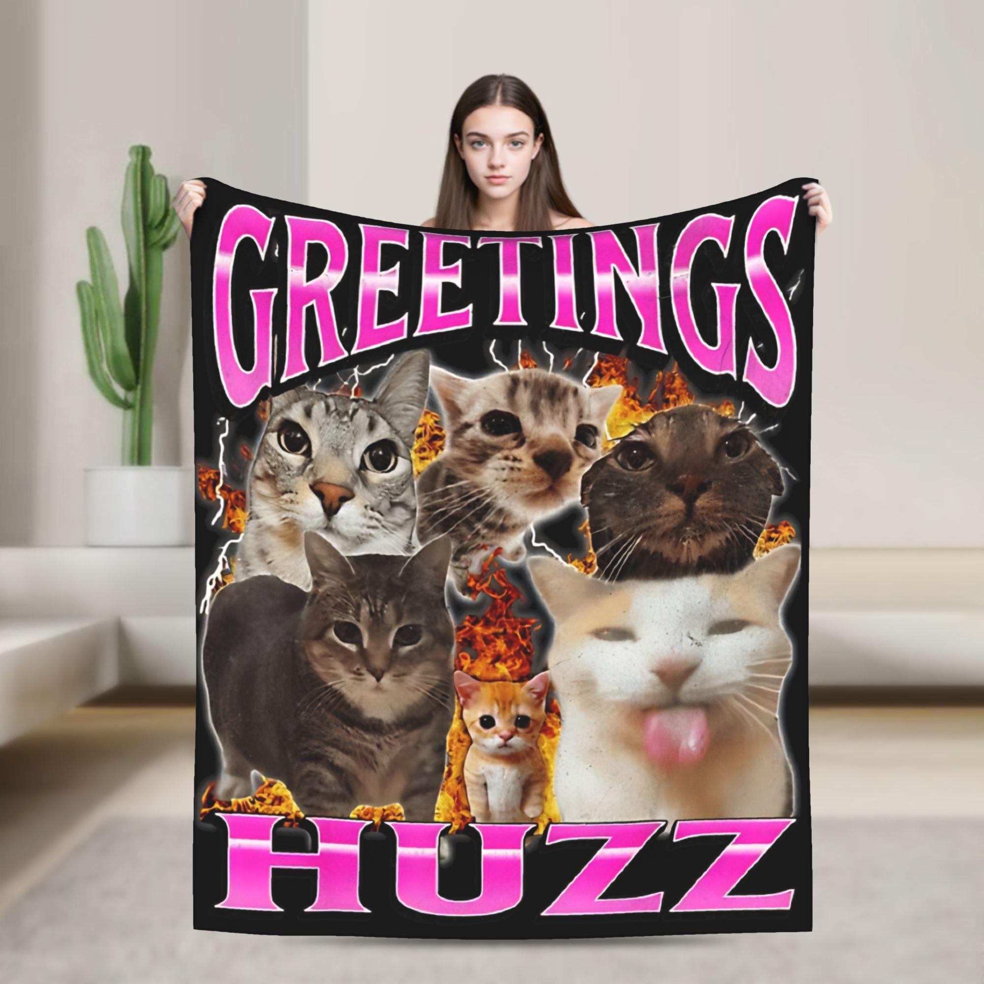Soft Blanket Picnic Lollipop Cat Meme Greetings Huzz Funny Silly Cats Throw Blanket Flannel Bedspread For Chair Sofa Bed Cover Size: 75*100cm, Weight: 230 GSM