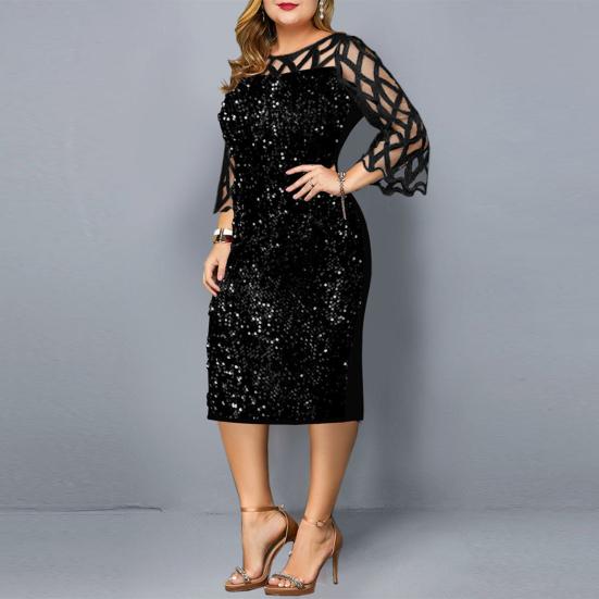 Damen O-Ausschnitt, 3/4-Ärmel, transparentes Patchwork, glänzende Pailletten, figurbetontes, knielanges Kleid