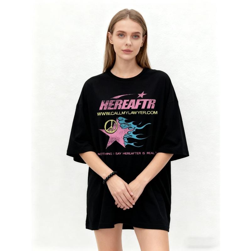 Oversized T Shirt Black Hereafter Peace Star Graphic Print With Website And Quote Statement Casual Streetwear Fashion Top For Women