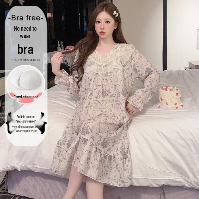 2025 V-Neck Pearl Cotton Long Sleeve Nightgown with Chest Pad – Spring/Autumn Oversized Sleep Dress for Indoor/Outdoor Wear
