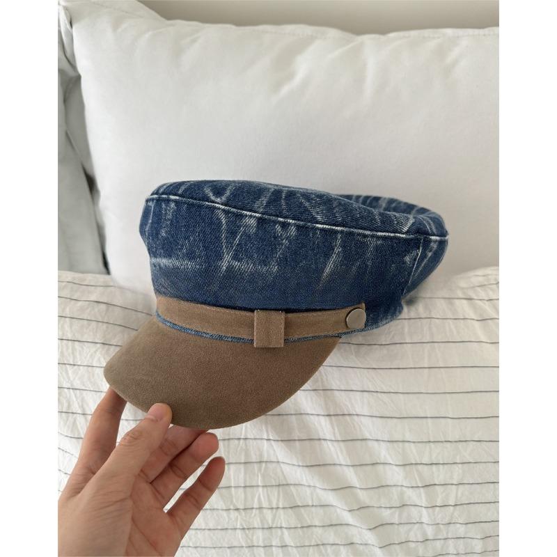 

Denim Flat Top Newsboy Hat Women s Suede Color Block Retro Octagonal Hat Versatile Beret Painter Hat Adjustable