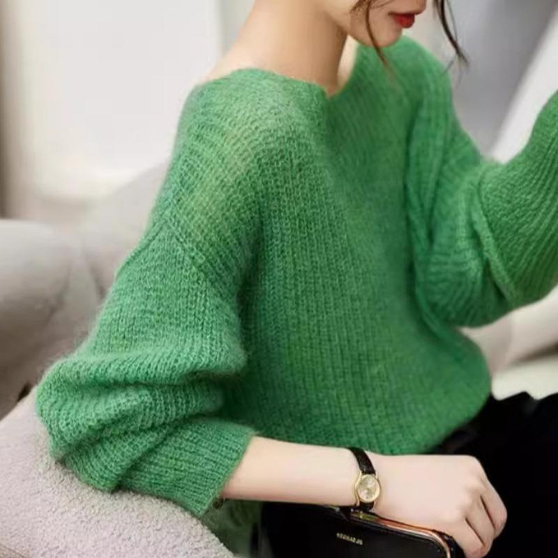 

Весна и осень Мягкий вязаный свитер Женские топы Модные свободные пуловеры с круглым вырезом Длинные рукава Женские свитера Элегантный офисный женский трикотаж 26407 One Size зелёный