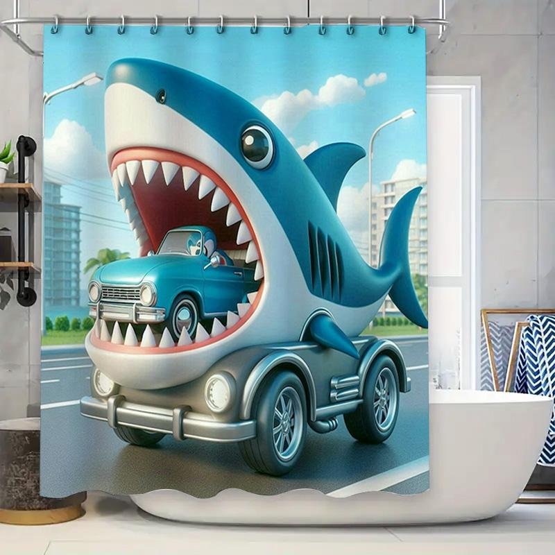 

Creative Cartoon Shark Car Print Shower Curtain Bathroom Decor Waterproof Home Accessories W60H190(CM)-1 Pcs