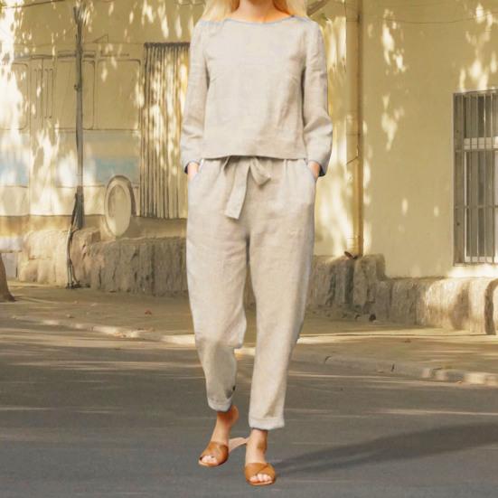 2 Pcs/Set Women Top Pants Set Round Neck Long Sleeves Blouse Vintage Elastic Waist Trousers Daily Leisure Loose Outfit