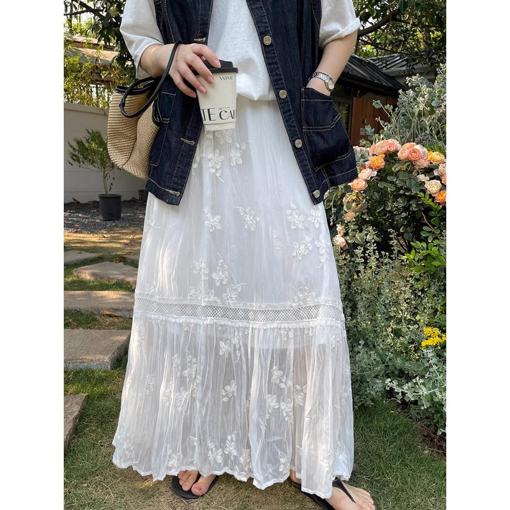 DIMANAF 2025 Summer Women New Skirts Chiffon Lace Solid Elastic Waist Pleated Mesh Elegant Skirts