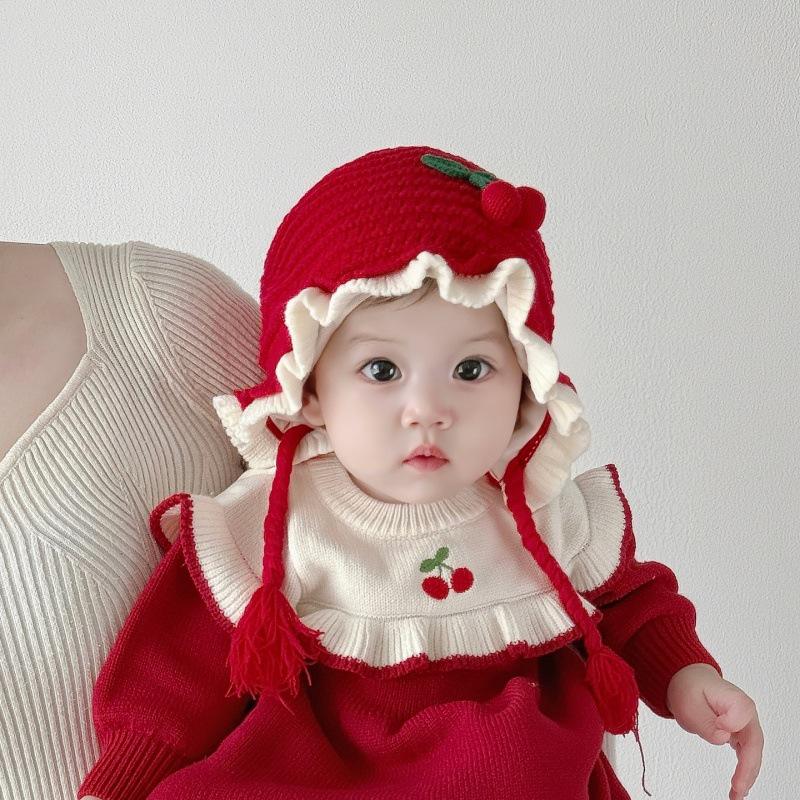Cozy Cherry Princess Knitted Baby Hat with Ear Protection - Perfect for Autumn and Winter