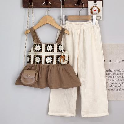 Girls' Children's Clothing Summer Set Girls' Splicing Strap Flower Knitted Top Solid Color Pants Two Piece Set
