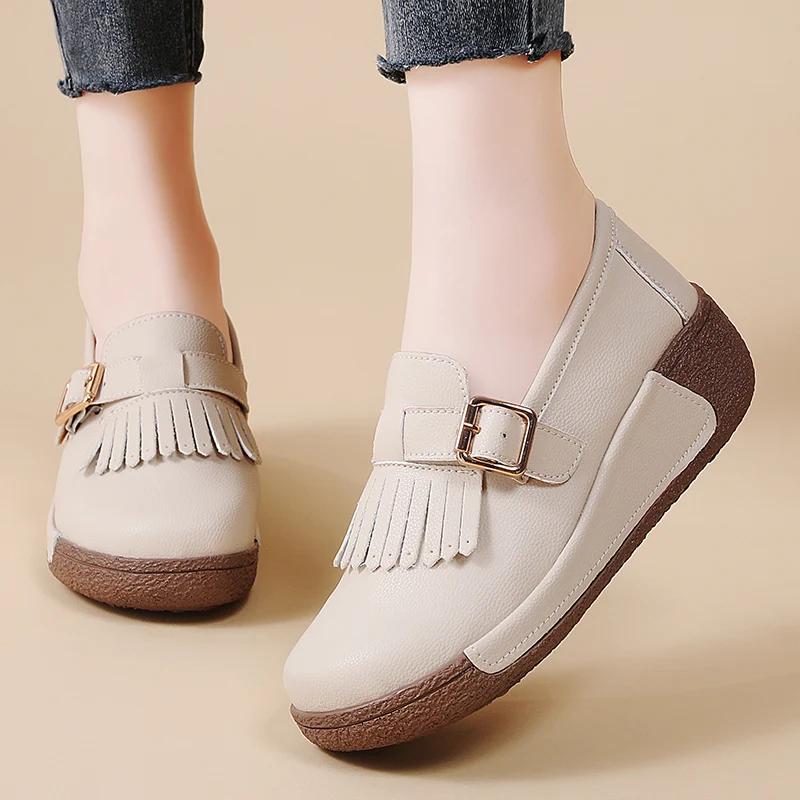 Dámské ležérní boty z pravé kůže na klínku, silná podrážka, platforma pro zvýšení výšky, pro matky, dámy, měkké, protiskluzové, vycházkové boty