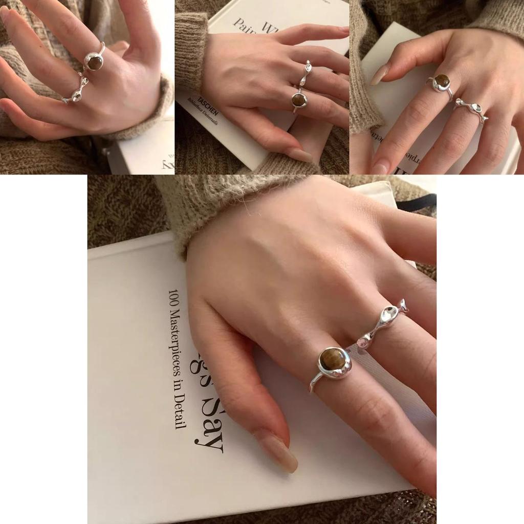 Luxuriöser koreanischer geometrischer Tigeraugensteinring für Damen, stilvolles verstellbares Kupferdesign